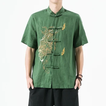 2023 Proljeće-ljeto originalna muška majica s kratkim rukavima, visokokvalitetna košulju od čistog lana s vezom u kineskom stilu Hanfu, uz biranje i insignia