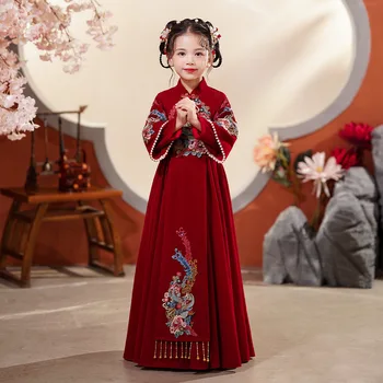Haljine u kineskom stilu Hanfu za djevojčice, novo 2023 godine, dječji kostim doba Tang dugih rukava i V-izrez, pojas s vezom u patchwork stilu, na proljeće-jesen