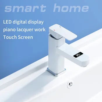 Dodirni led-digitalni prikaz temperature, Miješalica za umivaonik s tekućom toplom i hladnom vodom, keramike jezgro ventila, kuhinjske potrepštine za kupaonicu, bijela