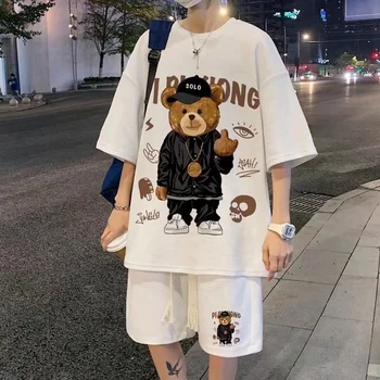 Korejski moderna sportska odjeća u stilu hip-hop, casual kratko odijelo u stilu rock, majice sa smiješnim medvjedom, kratke hlacice, komplet od 2 predmeta ljetni sportski odijelo, odjeća za muškarce
