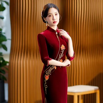 Yourqipao/ осеннее baršunasto haljina ципао u retro stilu s dugim чонсамом i rol-bar, 2023, crvena haljina ципао u retro stilu, kineske večernjim vjenčanicu za žene