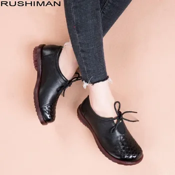 RUSHIMAN/ Ženske cipele na ravne cipele od prave kože, Natikače čipka-up, Blage ženske cipele ručne izrade na ravne cipele, Crne Modni Svakodnevne Ženske