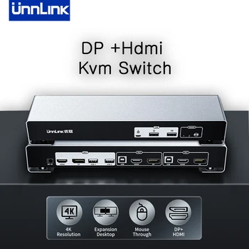 Unnlink KVM Preklopnik HDMI + DP KVM Switch 4K Dual Monitor 2x2 Sa Zajedničkim Hdmi 2 2 Zaslona 4 USB Miša, Tipkovnice, Pisača Udisk
