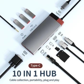 10-u-1 USB Hub Type-c s HDMI-Kompatibilnu s priključnom stanicom za laptop Macbook Pro Air M1 M2, USB C 3,0 2,0 Razdjelnik PD 100 W