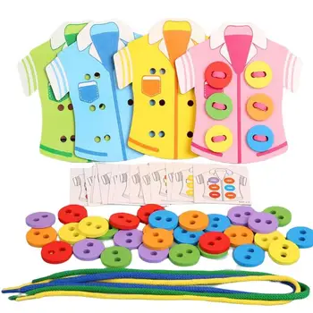 Igračka s gumbima za djecu, igračke Montessori za rano učenje, drvena igračka na niz za odjeću, edukativne priručnike i praktični uže