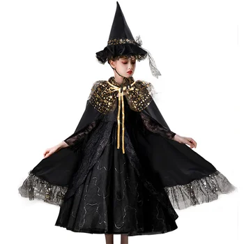 Dječji baršunasti plašt DAZCOS sa sjajnim nabora, čarobni plašt vještice, crni šešir vještica je za Noć vještica, božić igra, odjeću za stranke