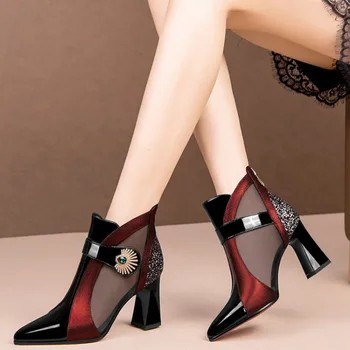 Mrežaste čizme na visoku petu, mrežaste sandale s urezima na debelim petama, moderan i svestran ženske cipele na platformu crne boje