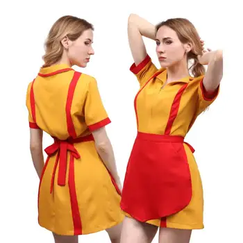 DAZCOS Broke Cosplay kostim za djevojčice na Halloween, žuta uniforma, večernja haljina, ženski elastična oblik konobarice, haljina i pregača