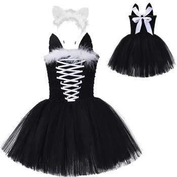 Dječji suknje za косплея s crtani mačka za djevojčice, odijelo, odjeća, dječja crna haljina-bala, povez za glavu, odjeća za ples