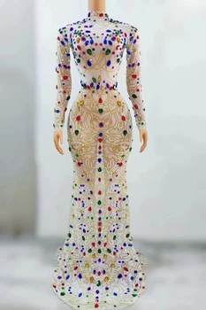 Raznobojni rhinestones, transparentno duga haljina, odijelo za proslave rođendana, večernja donje haljina za dance show, iincan
