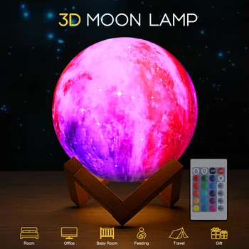 Romantični 3D print Šarene nebo-lunar Punjiva lampa noćno svjetlo za mjesečine s 3 cvijećem 16 boja daljinsko dekor Poklon