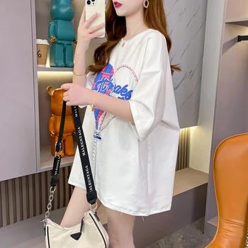 Ženska ljetna majica sa po cijeloj površini, ženska хлопковая majica kratkih rukava, ženska slobodna ženska t-shirt u korejskom stilu s okruglog izreza, crna, bijela