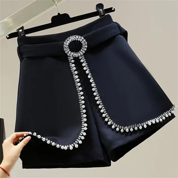 Novi trendi izvezena dijamant perle i široke hlače trapeznog oblika s visokim strukom, slobodne svakodnevne kratke hlače od dva predmeta, ženski