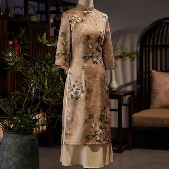 Ženske haljine Чонсам s cvjetnim ispis, винтажное haljina u kineskom stilu, superior ovratnik-satna Qipao