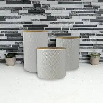 Stilski i moderan set bijelim keramičkim posudama od 3 predmeta s bambusom poklopcima za kuhinjske pohranu i organizaciju