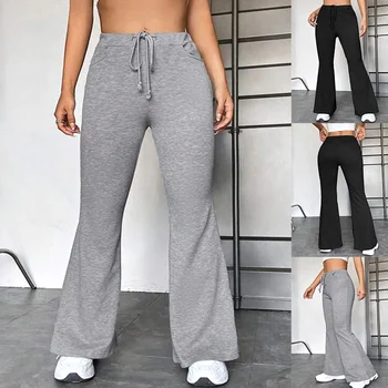 Modni široke hlače, ženske hlače-zvono dno na prosječnu struka i tie na шнурках, svakodnevne čvrste ženske sportske hlače za joge
