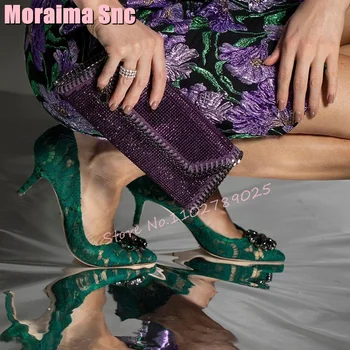 Luksuzne čipke cipele-brod sa štrasom na visoku petu-ukosnica bez kopče tamno zelene boje, malčice elegantne ženske cipele, ljetna банкетная moda 2023