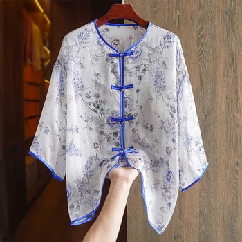 Ljetna plava elegantna košulja od svile organza, ženska vintage košulja s okruglog izreza i po cijeloj površini, однобортный kineski top rukav tri četvrtine S-XL