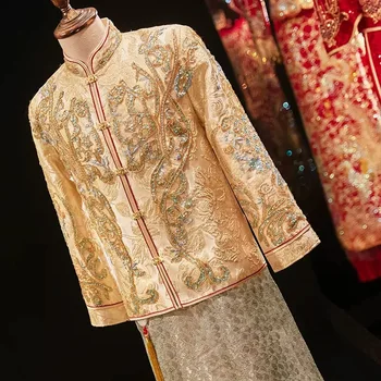 Stara odjeća za tost u kineskom stilu, muško vjenčanicu Ципао uz šampanjac, odijelo Tan