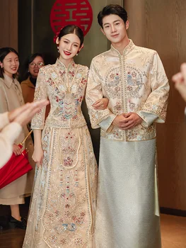 Tradicionalna odjeća za žene, vjenčanica djeveruša Сюхэ boje šampanjca, elegantni zlatni kineski komplet za tost, ženski kostim mladoženja Tan