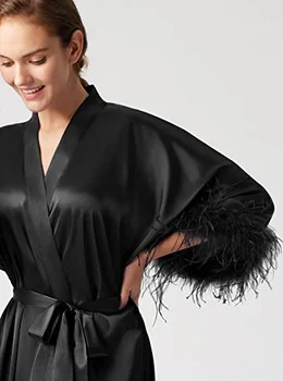 Svileni ogrtač od crnog perja u patchwork stilu, s dugim rukavima, s prorezom, seksi haljine za žene, noću haljina za spavanje, ženska пижама, ženski ogrtač