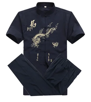 Kineski Muški Pamuk Odijelo Kung-fu S Vezom Wu Shu Uniforma Taiji Odjeća Majica Kratkih rukava + Hlače M, L, XL, XXL, XXXL MS013