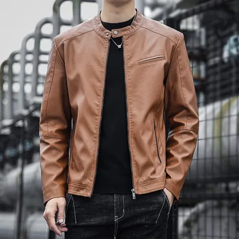 Moderna muška jakna od umjetne kože sa стоячим ovratnik, munje, dugi rukav, мотоциклетная gornja odjeća, kvalitetna muška vanjska odjeća, tanki kaput
