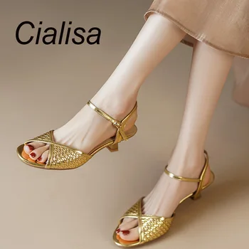 Cialisa/ sandale u novom stilu, godišnja ženska obuća, modni večernja haljina 2023, ženske sandale prosjeku petu cipele s kopčom ručni rad, 4 cm, zlato 40