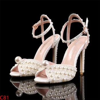 Maogu/ženske sandale; moderan visokokvalitetni svadbene cipele; Novo; ženske sandale s biserima i zakovice; luksuzne ženske sandale na visoku petu s otvorenim vrhom i insignia 43