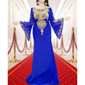 Plavo Afrički Haljina Neobična Абайя Dubai Večernje Ženske Vezeni Perle Marokanski Modni Duge Košulje Europske i Američke Modne trendove