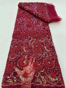 Visokokvalitetna afrička cvjetne čipke tkanina 2023, crvena francuski mrežaste tkanine, šljokice, vezeni čipke, tila, нигерийская cvjetne čipke tkanina, 5 metara