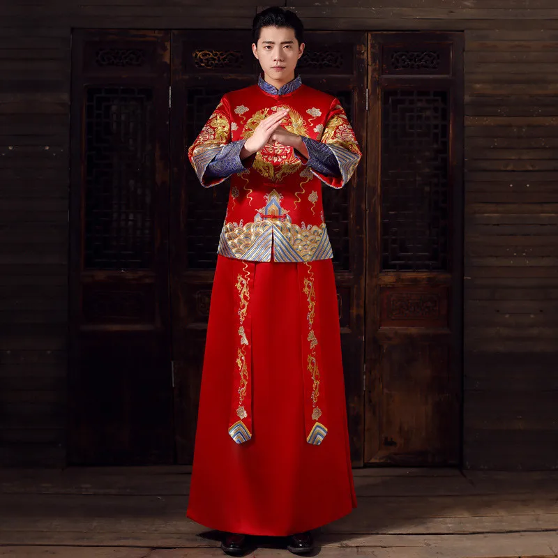 Muški vjenčanicu u kineskom stilu, crveno večernja haljina s izvezenim za mladoženju, jakna-kimona, odijelo doba tang, tradicionalne kostime za tost, odjeća