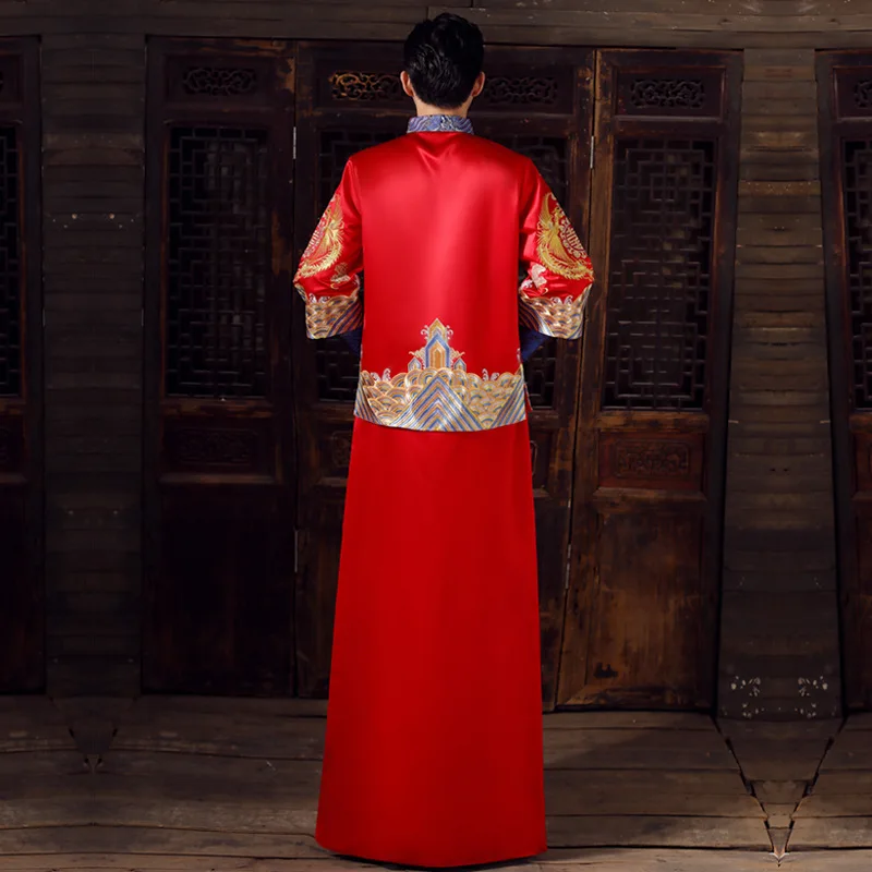Muški vjenčanicu u kineskom stilu, crveno večernja haljina s izvezenim za mladoženju, jakna-kimona, odijelo doba tang, tradicionalne kostime za tost, odjeća