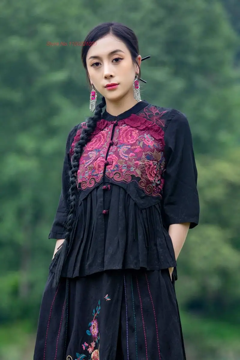 2023 kineski vintage bluzu s nacionalnom cvjetni vez odijelo doba tang, etničko атласное жаккардовое kaput u stilu patchwork, istočna retro košulje
