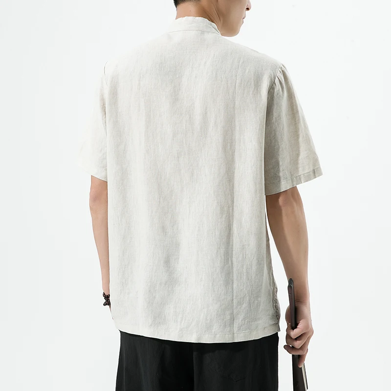 2023 Proljeće-ljeto originalna muška majica s kratkim rukavima, visokokvalitetna košulju od čistog lana s vezom u kineskom stilu Hanfu, uz biranje i insignia