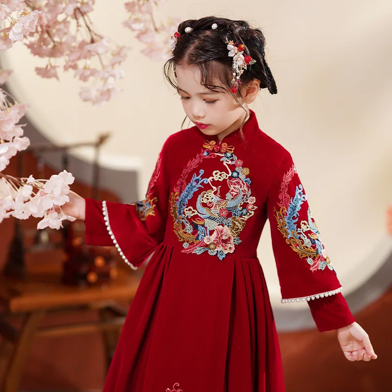 Haljine u kineskom stilu Hanfu za djevojčice, novo 2023 godine, dječji kostim doba Tang dugih rukava i V-izrez, pojas s vezom u patchwork stilu, na proljeće-jesen